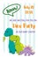 Kid club invitation for dino party design with 3 flat style dinosaurs stegosaurus, tyrannosaur, diplodocus and hand drawn letterin