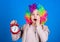 Kid colorful curly wig clown style hold alarm clock. I am not joking about discipline. False alarm. Girl worry about