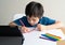 Kid coloring his own rainbow drawing on paper,Child using digital tablet searching information on internet for his home work,Home