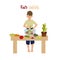 Kid cooking vegetables salad at home, kitchen table and food, little chef presenting healthy dinner cartoon isolated