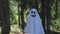 kid in a costume ghost with orange balloon. Halloween celebration holiday. Funny smiling grimace