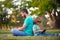 Kid with daddy learning lesson. Father and son use laptop, dad and school boy child looking tablet. Outdoor distance