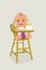 Kid in diapers, sitting on children\'s chair.