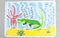 Kid doodle of cute crocodile underwater on sand bottom with seaweeds