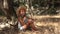 Kid Drinking Water in Olive Orchard, Farmer Child Playing Relaxing Outdoor in Nature, Teenager Girl Drinks Water in Park