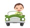 Kid drives a car. Green childrens automobile. Toy vehicle. With a motor. Nice passenger auto. Pedal or electric