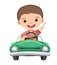 Kid drives a car. Green childrens automobile. Toy vehicle. With a motor. Nice passenger auto. Pedal or electric
