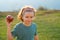 Kid eat apple. Child nutrition. Portrait of happy smiling child boy with apples outdoor.