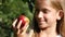 Kid Eating Apple, Child in Orchard, Kid Tasting Fruits in Tree, Farmer Blonde Young Girl at Village at Countryside