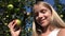 Kid Eating Apple, Child in Orchard, Kid Tasting Fruits in Tree, Farmer Girl