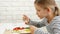 Kid Eating Breakfast in Kitchen, Child Eats Fried Eggs, Teenager Girl Enjoying Vegetables, Greenery Healthy Food