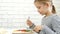 Kid Eating Breakfast in Kitchen, Child Eats Fried Eggs, Teenager Girl Enjoying Vegetables, Greenery Healthy Food, Healthcare