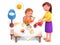 Kid eating breakfast meal, Mother serving table