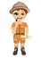 Kid explorer boy with safari hat holding magnifying glass and treasure map