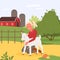 Kid and farm animal, summer holidays at village countryside, girl hugging cute baby goat