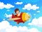 Kid flying on plane in blue cloudy sky child pilot