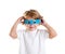 Kid with futuristic funny blue glasses happy