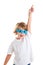 Kid with futuristic funny blue glasses happy