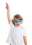 Kid with futuristic funny blue glasses happy