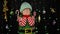 Kid girl in Christmas elf Santa Claus helper costume cover face with hands and plays hide and seek