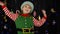 Kid girl in Christmas elf Santa helper costume dancing, fooling around. New Year holiday celebration