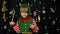 Kid girl in Christmas elf Santa helper costume dancing, fooling around. New Year holiday celebration