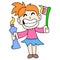 Kid girl cleaning herself with brush and toothpaste, doodle icon image kawaii