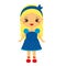 Kid girl in fashionable clothes. Cute baby girl in blue dress and red shoes