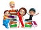 Kid girl, kid boy and cute baby with Book stack and pencil