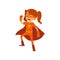 Kid girl in orange superhero costume standing raised one arm cartoon style