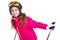 Kid girl with ski poles helmet and goggles smiling on white