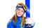 Kid girl ski with snow goggles and winter hat