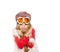 Kid girl with snow winter glasses and white fur