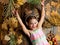 Kid girl wooden background listen music headphones. Child listen music relaxing top view. Autumn melody concept. Happy