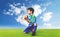 Kid goalkeeper holding the ball on a grass field with blue sky background for success soccer dramatic concept