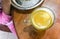 Kid having breakfast with glass of effervescent Vitamin C tablet