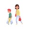 Kid helping his mother carry shopping bags. Polite boy and young woman. Child with good manners. Flat vector design