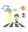 Kid helping senior lady crossing the street, Boy helping old lady cross the street. Vector Illustration.