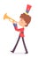 Kid with horn playing loud fun music and marching, happy talent boy musician walking