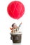 Kid on hot air balloon with pointing hand up