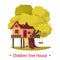 Kid house or home on tree with ladder and seesaw or swing.
