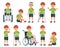 Kid with injury. Boy bruised hand, broke leg and arm. Injuries head, sport injuries and wheelchair vector cartoon