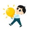 Kid Inventors Day.A cute boy carries a huge yellow light bulb as a symbol of invention and research.