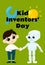 Kid Inventors Day. A cute boy is holding a charming robot by the hand. Illustration in cartoon style.