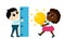 Kid Inventors Day.Cute boy with ruler and girl with light bulb as idea symbol in cartoon style.