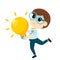 Kid Inventors Day. A cute boy runs with a huge yellow light bulb in his hands as a symbol of invention and research.