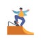 Kid Jumping On Quarter Pipe, Skateboarding Outdoor Activity. Little Boy Fun In Skateboard Park. Skateboarder Child