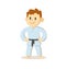 Kid in karate kimono, cartoon character standing. Sport and fitness. Cartoon vector flat illustration. Isolated on white