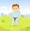 Kid in karate kimono character standing in the city park. Sport and fitness. Cartoon vector flat illustration.