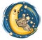 Kid Kitten sleeps on the moon. Dreaming a dream. Childrens illustration. Funny Night sky with a comet. The baby animal